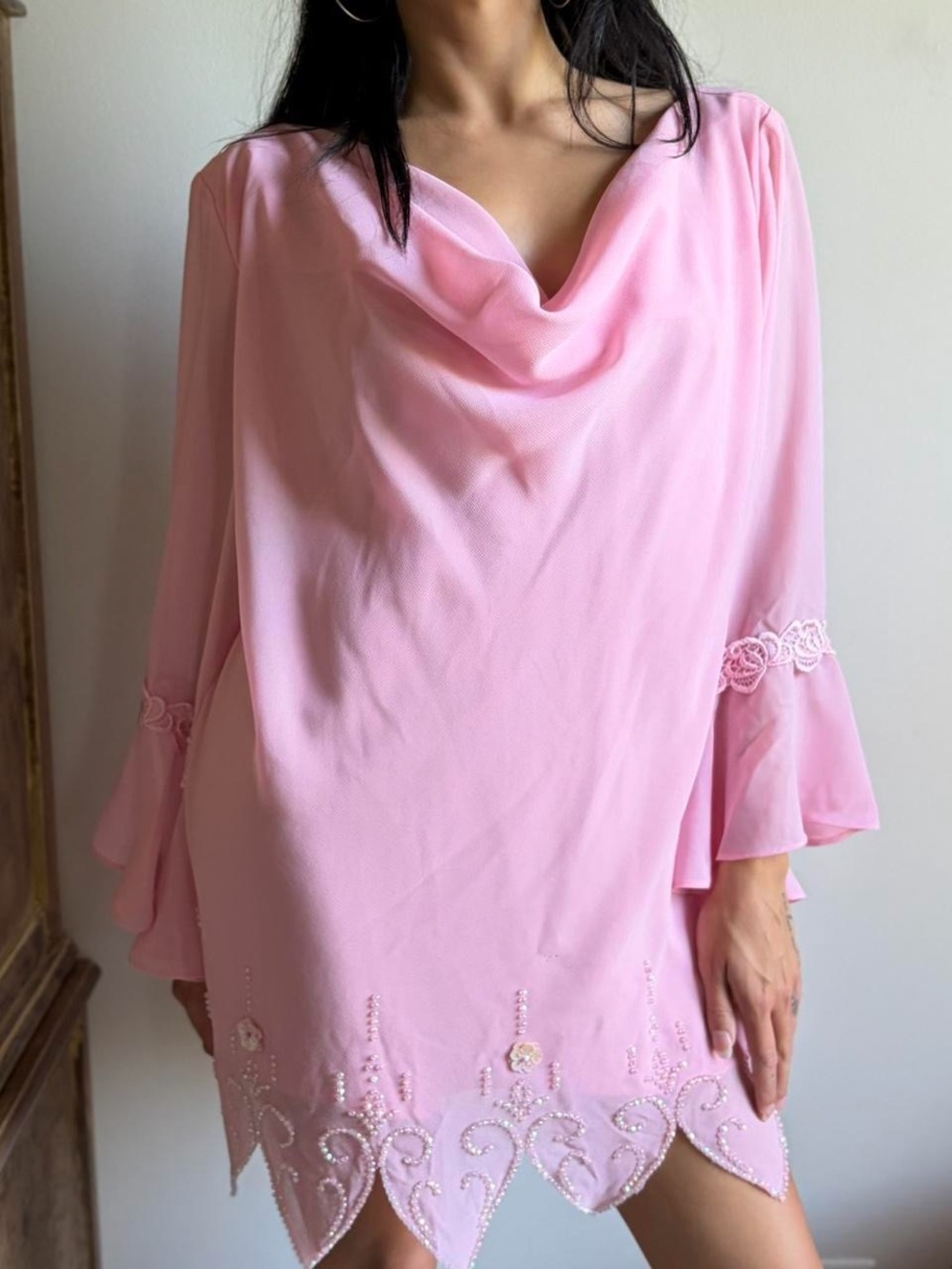 Vintage Cowl Neck Beaded Top with Bell Sleeves Size 18